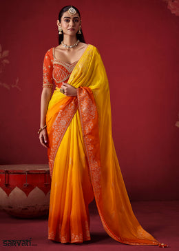Bright Yellow & Burnt Orange Ombre Dola Crepe Silk Saree with Intricate Zari Work