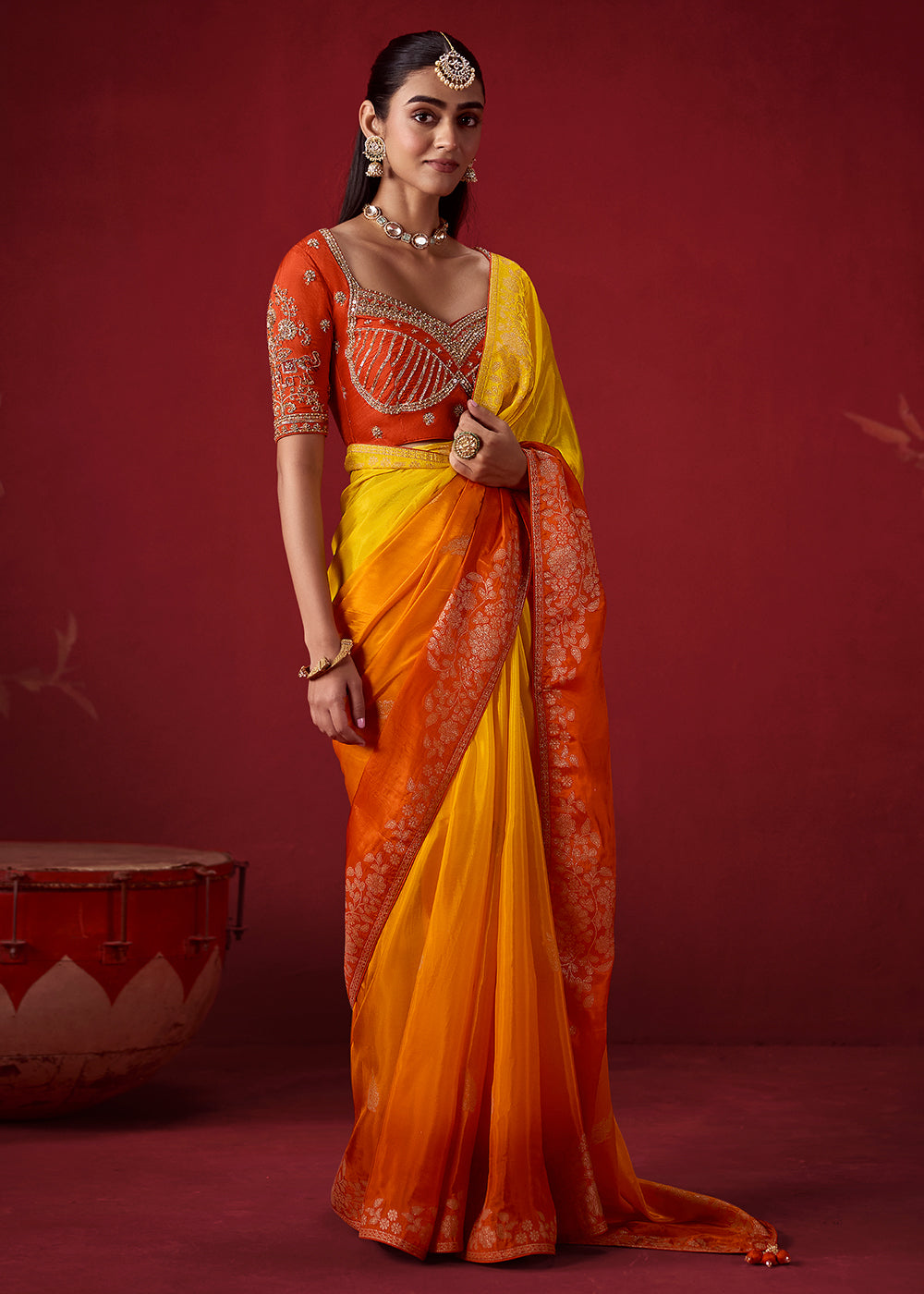Bright Yellow & Burnt Orange Ombre Dola Crepe Silk Saree with Intricate Zari Work