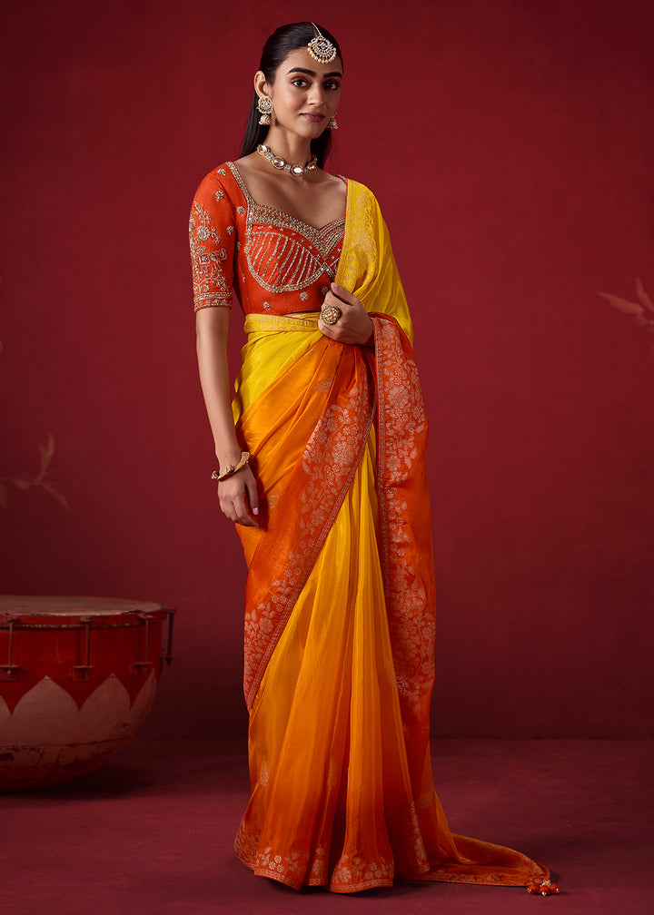 Bright Yellow & Burnt Orange Ombre Dola Crepe Silk Saree with Intricate Zari Work