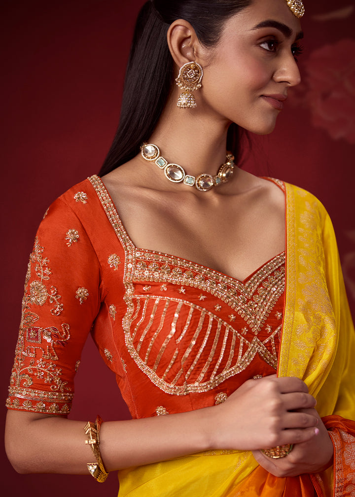 Bright Yellow & Burnt Orange Ombre Dola Crepe Silk Saree with Intricate Zari Work