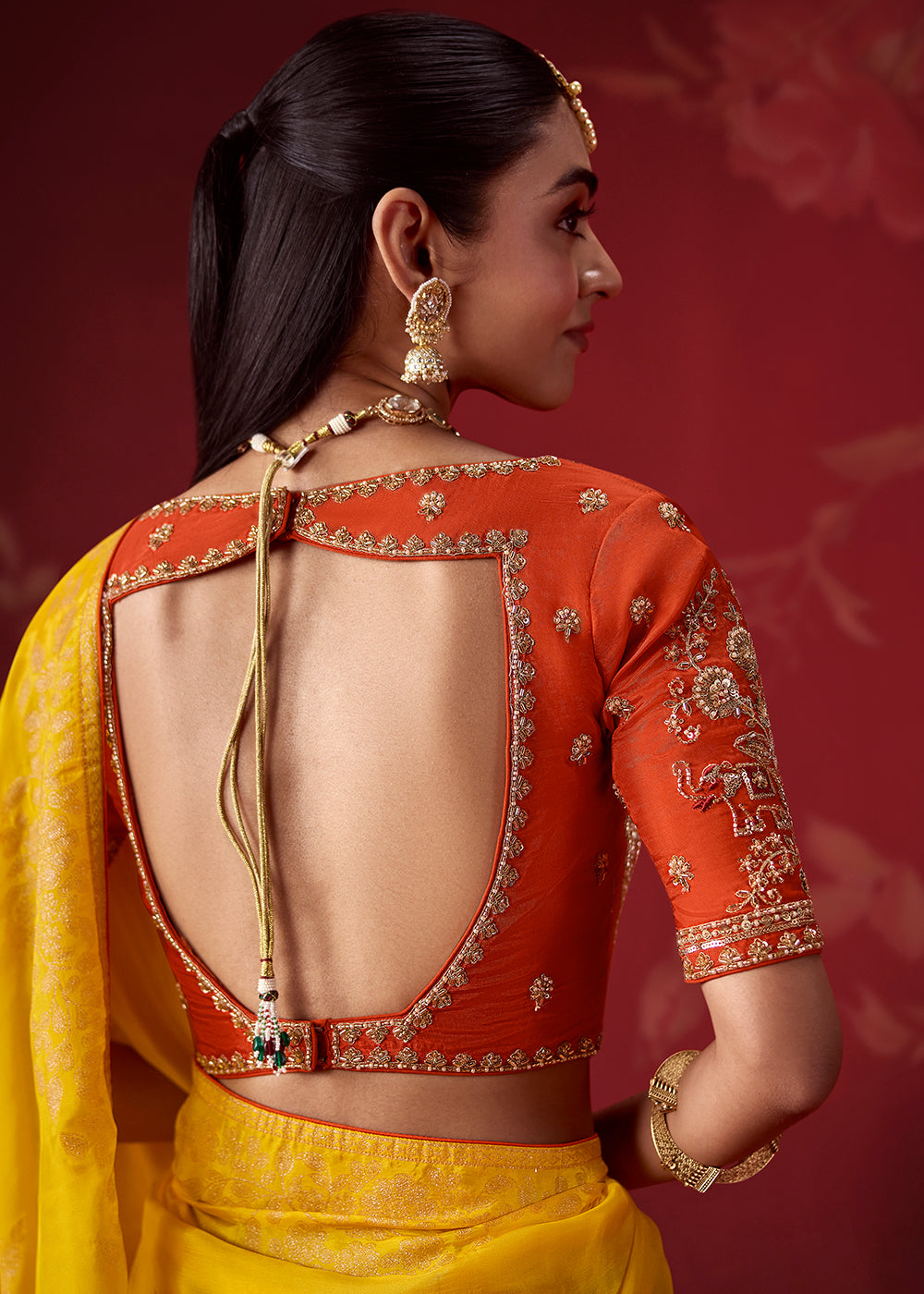 Bright Yellow & Burnt Orange Ombre Dola Crepe Silk Saree with Intricate Zari Work