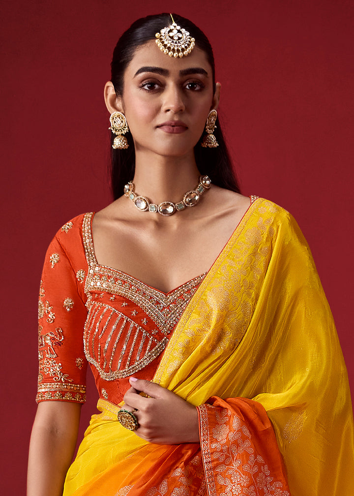 Bright Yellow & Burnt Orange Ombre Dola Crepe Silk Saree with Intricate Zari Work