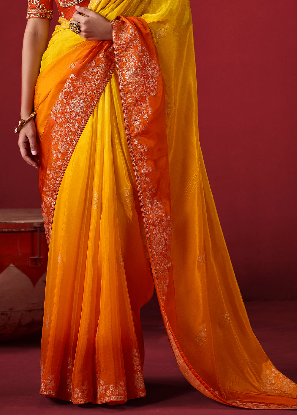 Bright Yellow & Burnt Orange Ombre Dola Crepe Silk Saree with Intricate Zari Work