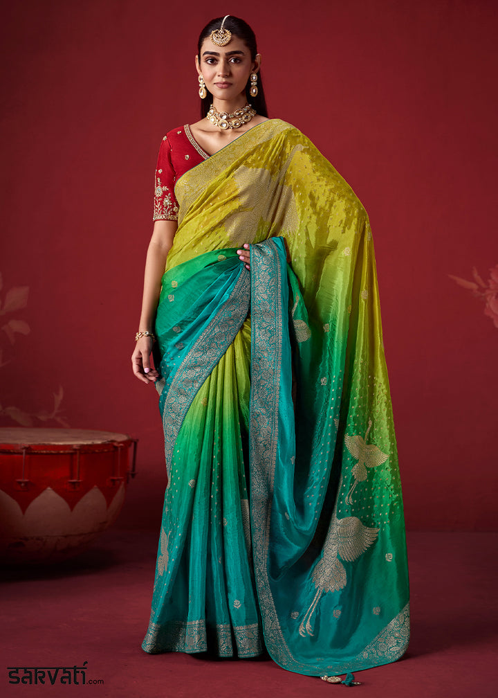 Lime Green & Sea Green Ombre Dola Crepe Silk Saree with Intricate Zari Weaving