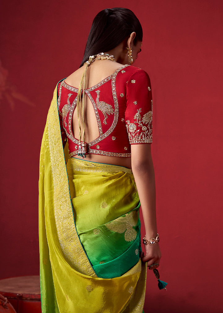 Lime Green & Sea Green Ombre Dola Crepe Silk Saree with Intricate Zari Weaving