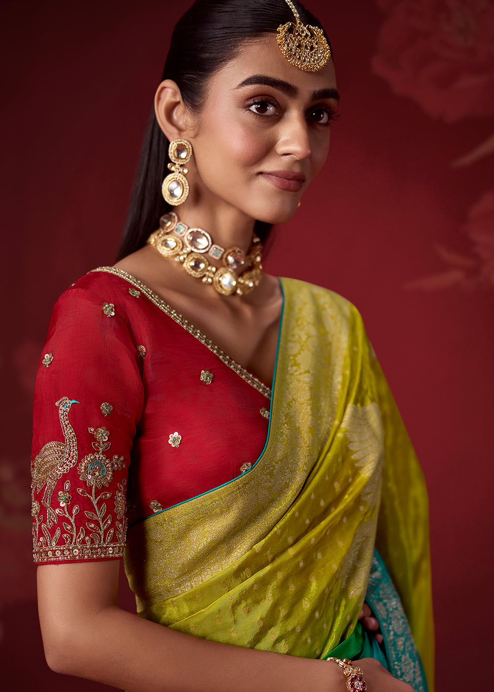 Lime Green & Sea Green Ombre Dola Crepe Silk Saree with Intricate Zari Weaving
