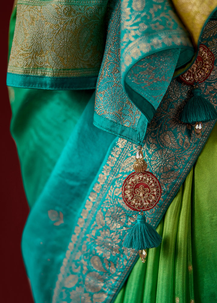 Lime Green & Sea Green Ombre Dola Crepe Silk Saree with Intricate Zari Weaving
