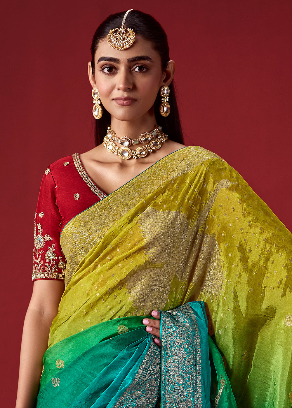 Lime Green & Sea Green Ombre Dola Crepe Silk Saree with Intricate Zari Weaving
