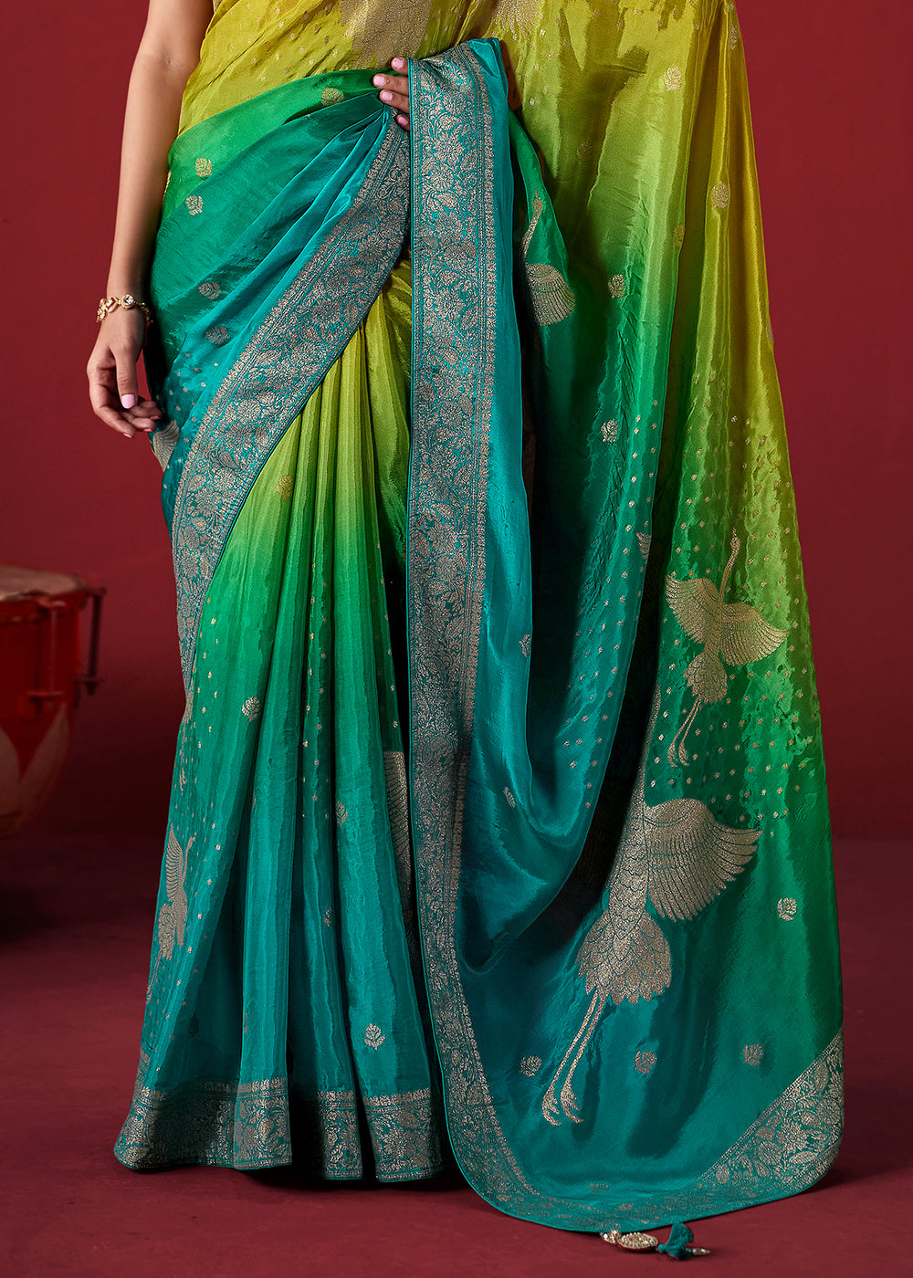 Lime Green & Sea Green Ombre Dola Crepe Silk Saree with Intricate Zari Weaving