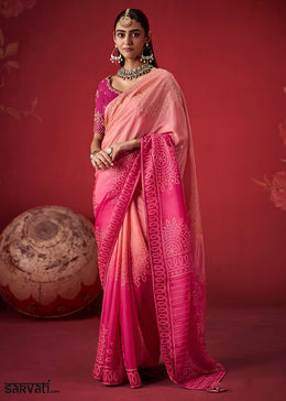Peach Pink & Magenta Pink Ombre Dola Crepe Silk Saree with Intricate Zari Weaving