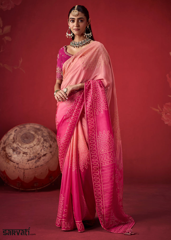 Peach Pink & Magenta Pink Ombre Dola Crepe Silk Saree with Intricate Zari Weaving