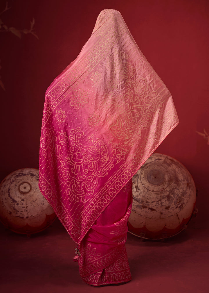 Peach Pink & Magenta Pink Ombre Dola Crepe Silk Saree with Intricate Zari Weaving