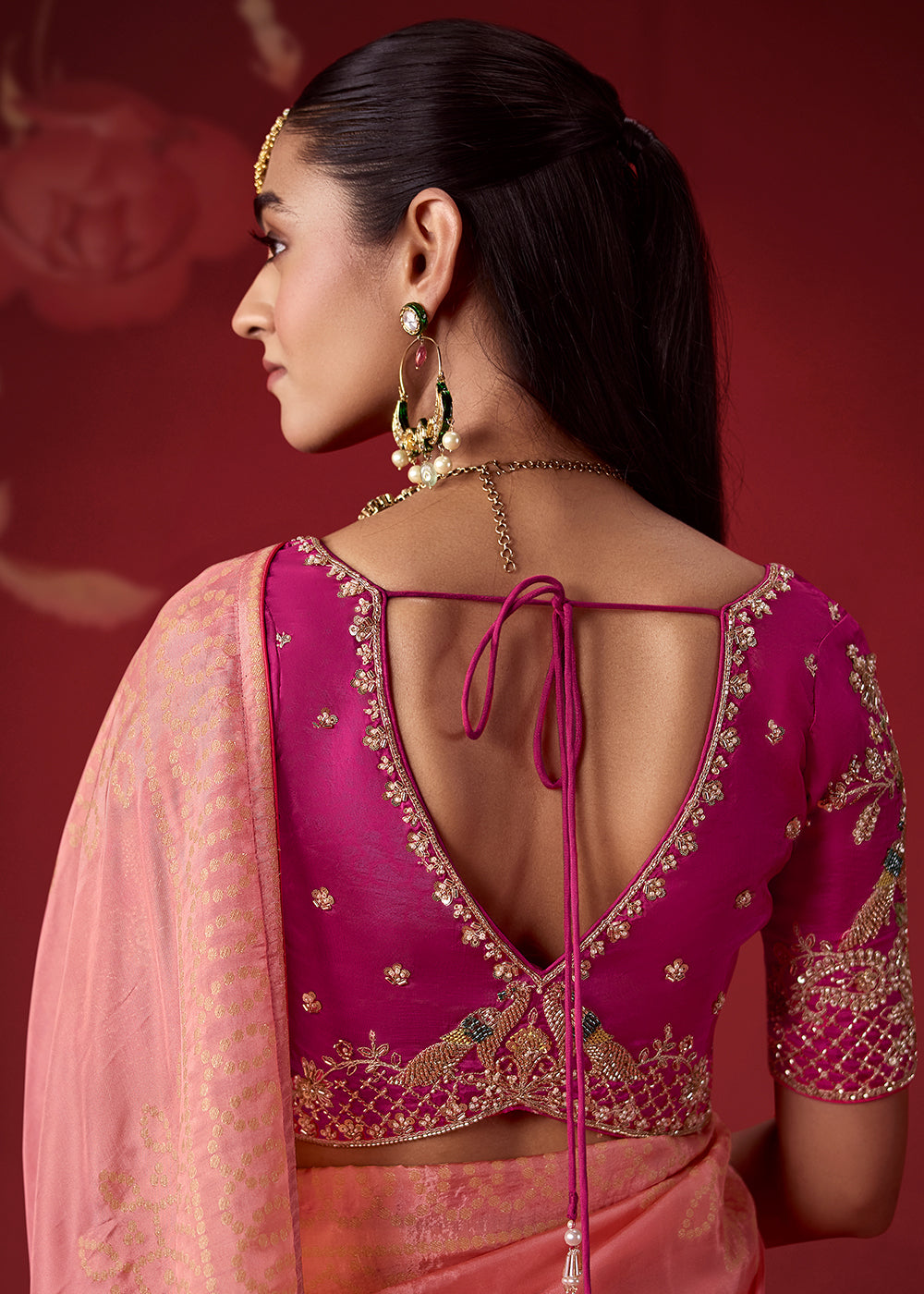 Peach Pink & Magenta Pink Ombre Dola Crepe Silk Saree with Intricate Zari Weaving