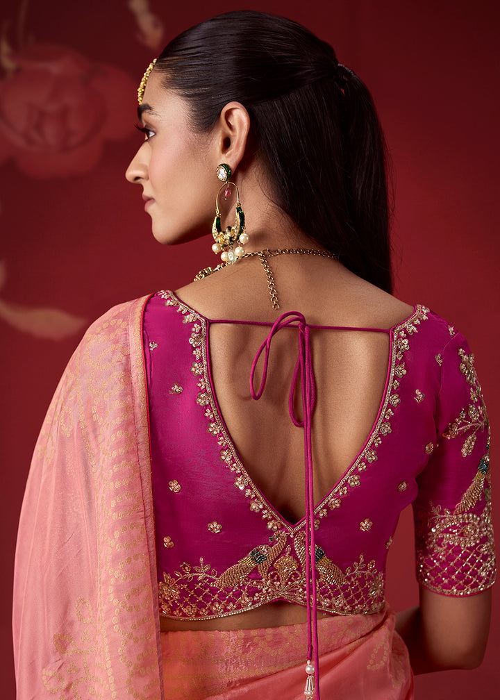 Peach Pink & Magenta Pink Ombre Dola Crepe Silk Saree with Intricate Zari Weaving