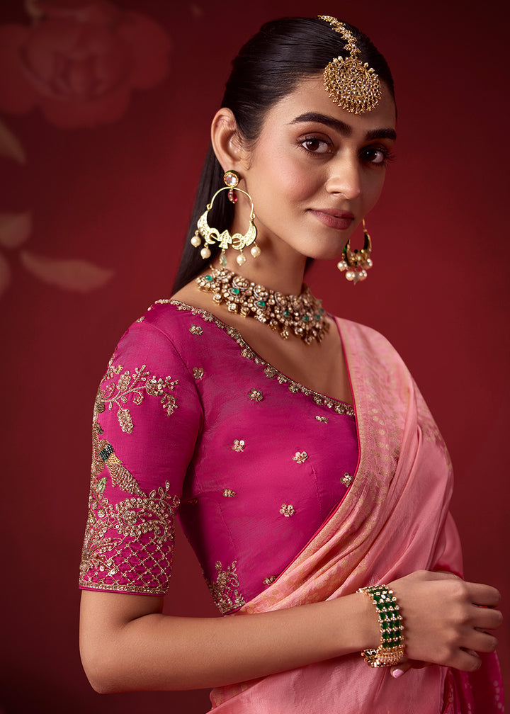 Peach Pink & Magenta Pink Ombre Dola Crepe Silk Saree with Intricate Zari Weaving