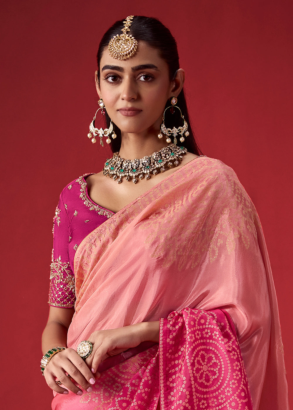 Peach Pink & Magenta Pink Ombre Dola Crepe Silk Saree with Intricate Zari Weaving
