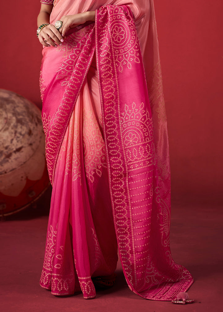 Peach Pink & Magenta Pink Ombre Dola Crepe Silk Saree with Intricate Zari Weaving