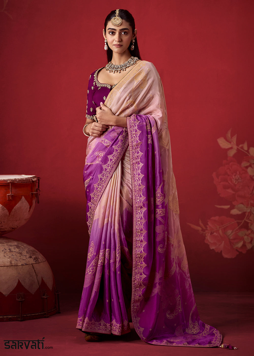 Blush Pink & Mulberry Purple Ombre Dola Crepe Silk Saree with Intricate Zari Weaving