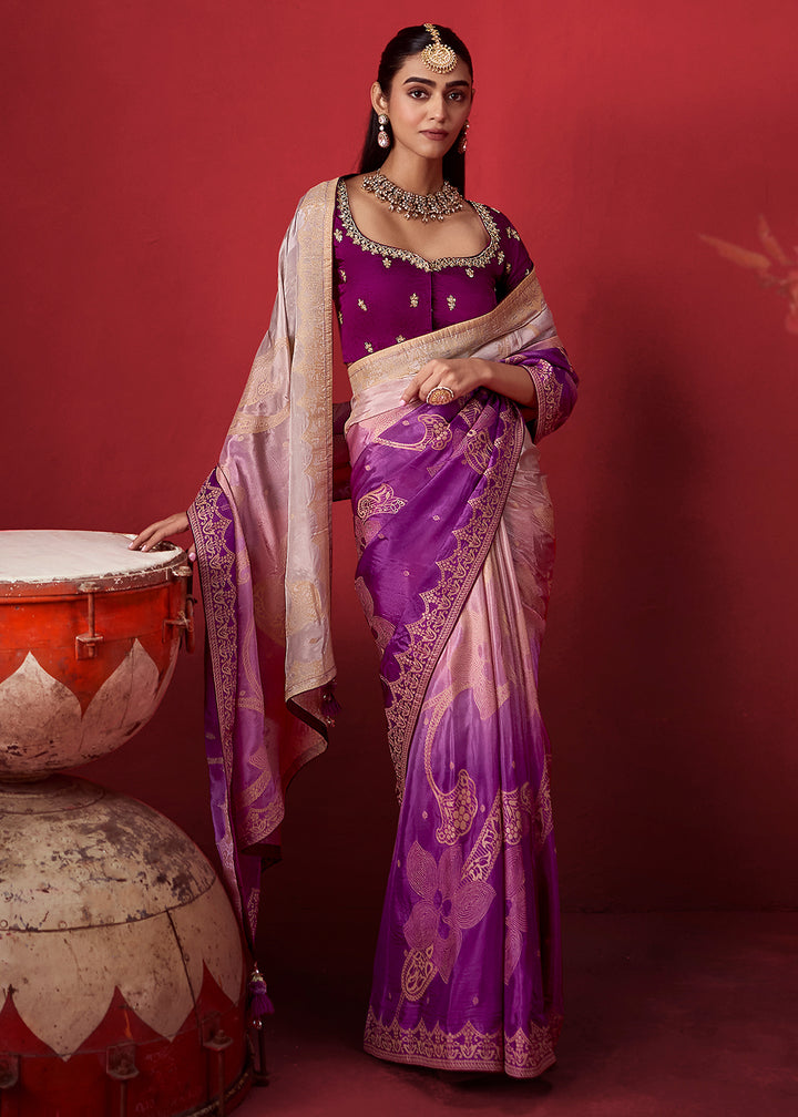 Blush Pink & Mulberry Purple Ombre Dola Crepe Silk Saree with Intricate Zari Weaving