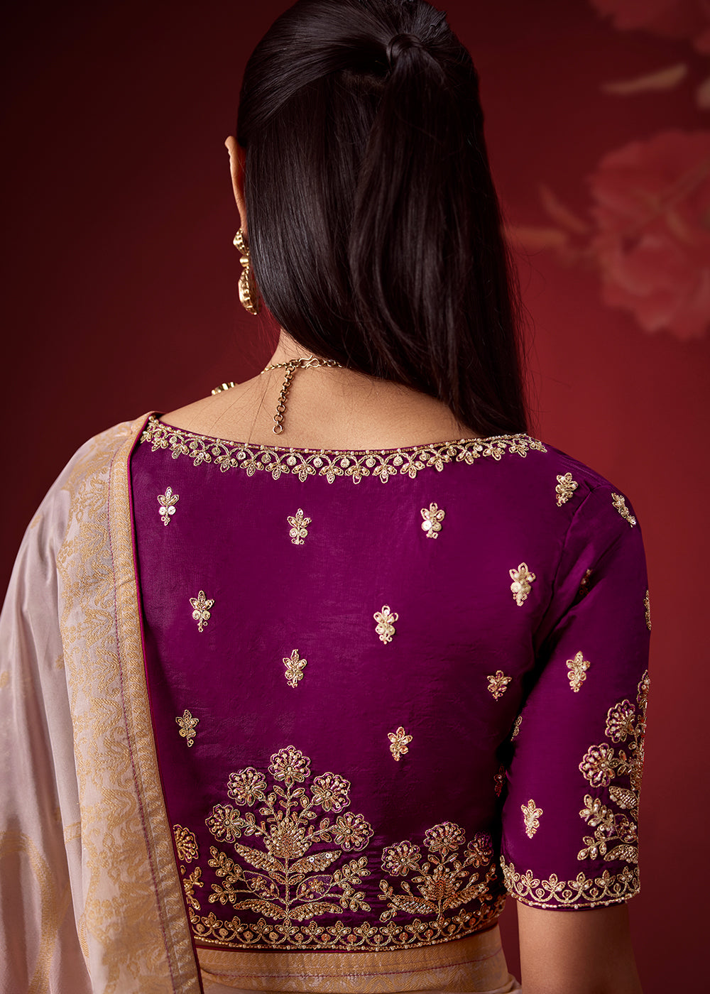 Blush Pink & Mulberry Purple Ombre Dola Crepe Silk Saree with Intricate Zari Weaving