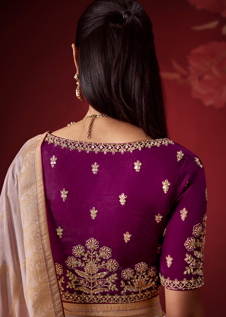 Blush Pink & Mulberry Purple Ombre Dola Crepe Silk Saree with Intricate Zari Weaving
