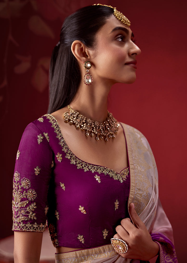 Blush Pink & Mulberry Purple Ombre Dola Crepe Silk Saree with Intricate Zari Weaving