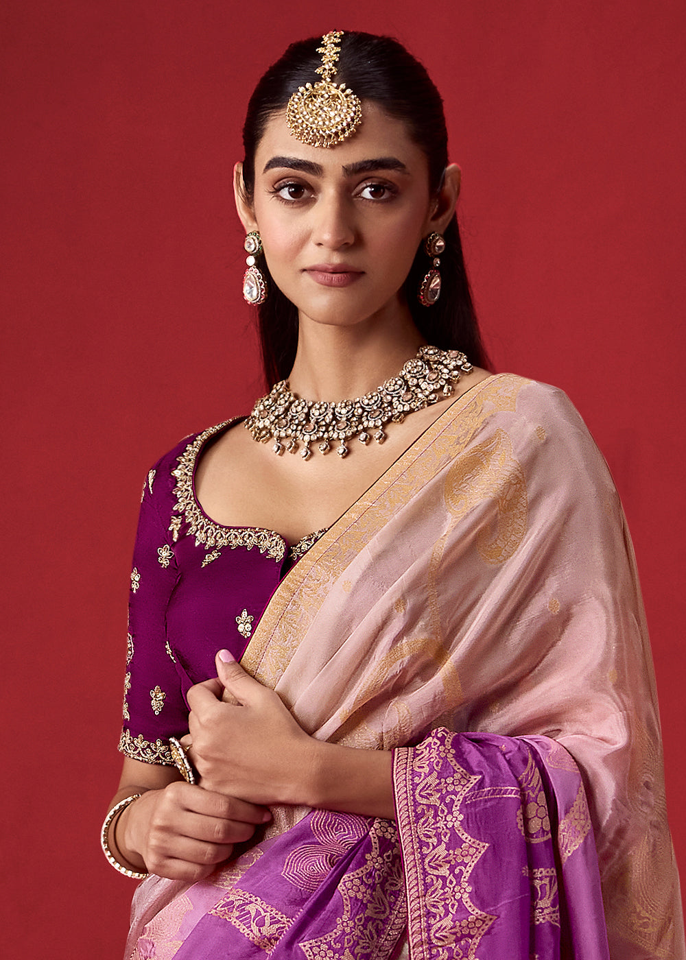 Blush Pink & Mulberry Purple Ombre Dola Crepe Silk Saree with Intricate Zari Weaving
