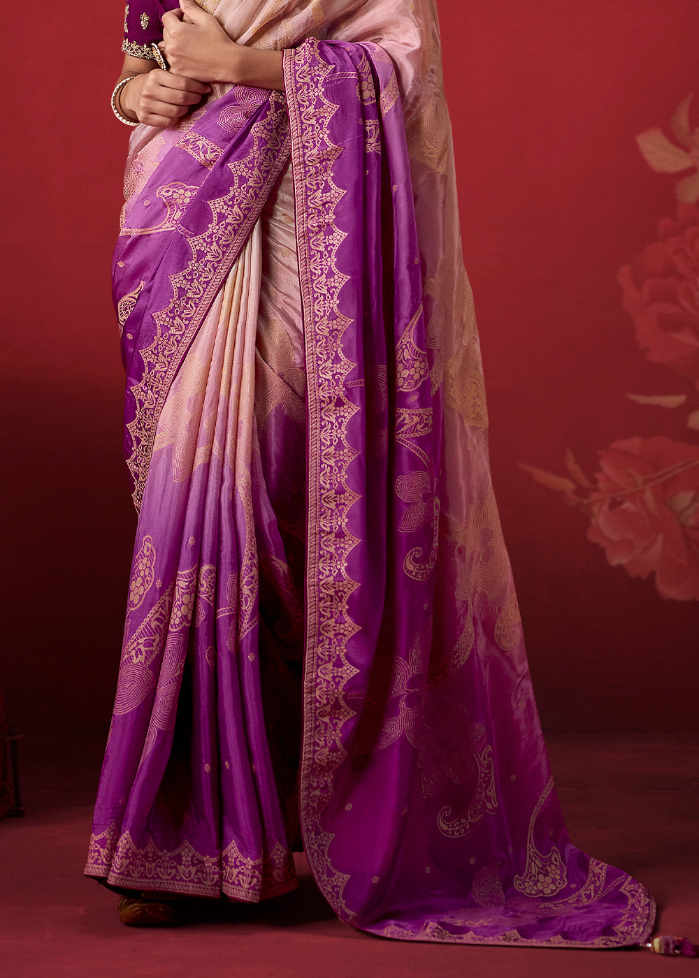 Blush Pink & Mulberry Purple Ombre Dola Crepe Silk Saree with Intricate Zari Weaving