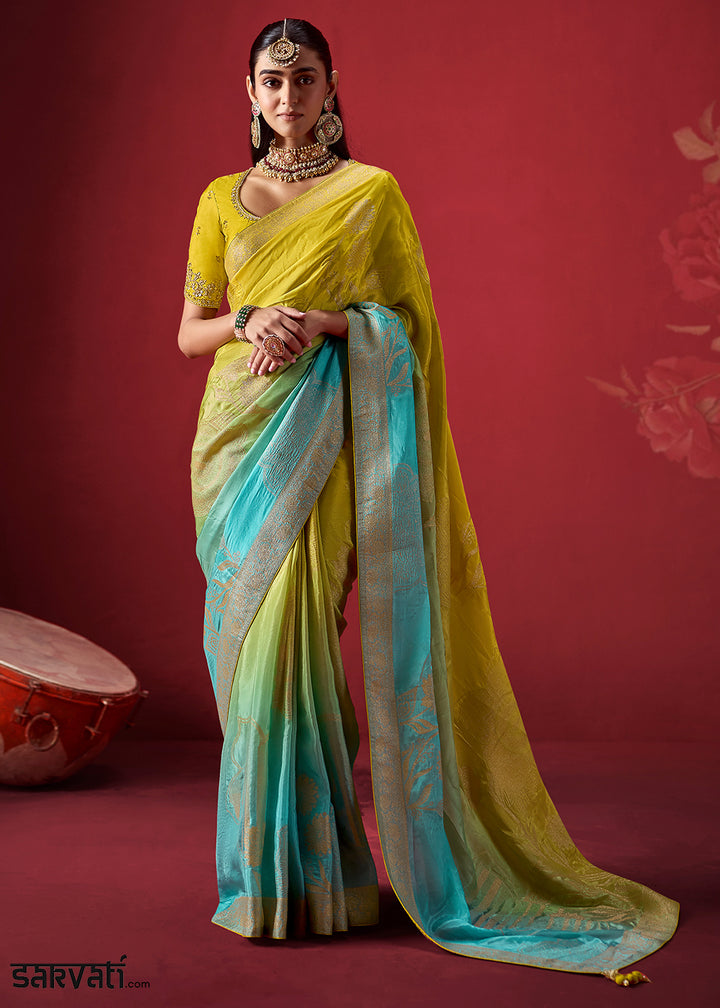 Lime Yellow & Aqua Blue Ombre Dola Crepe Silk Saree with Intricate Zari Weaving & Designer Embroidered Blouse