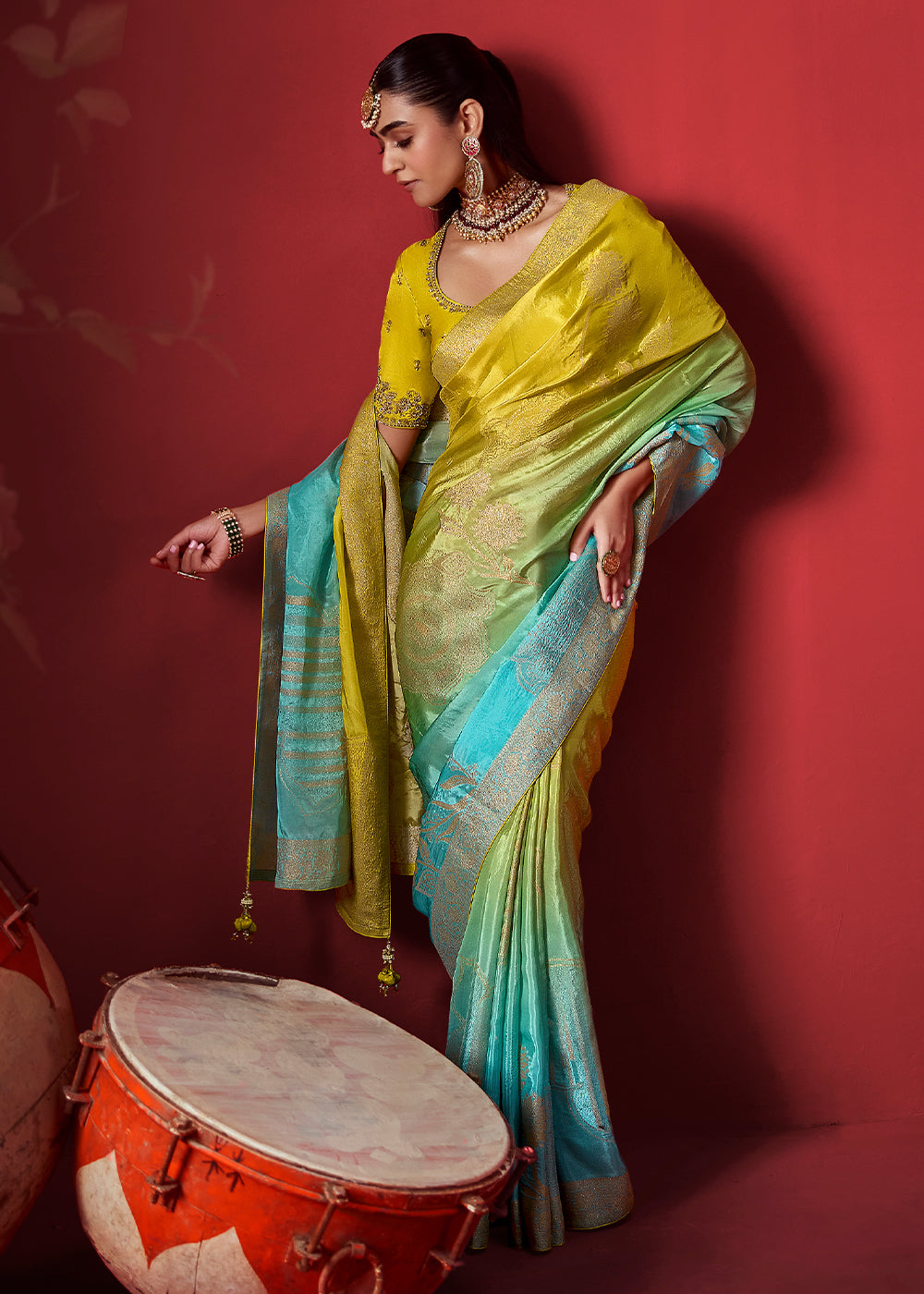 Lime Yellow & Aqua Blue Ombre Dola Crepe Silk Saree with Intricate Zari Weaving & Designer Embroidered Blouse