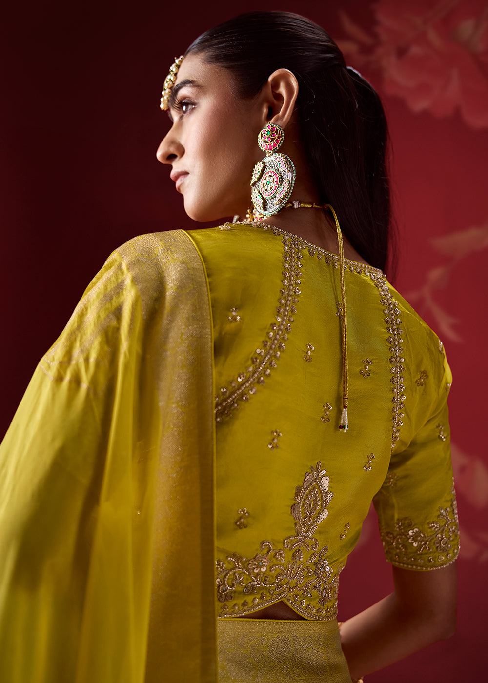 Lime Yellow & Aqua Blue Ombre Dola Crepe Silk Saree with Intricate Zari Weaving & Designer Embroidered Blouse