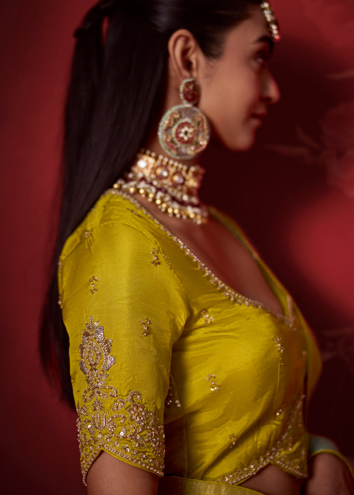 Lime Yellow & Aqua Blue Ombre Dola Crepe Silk Saree with Intricate Zari Weaving & Designer Embroidered Blouse