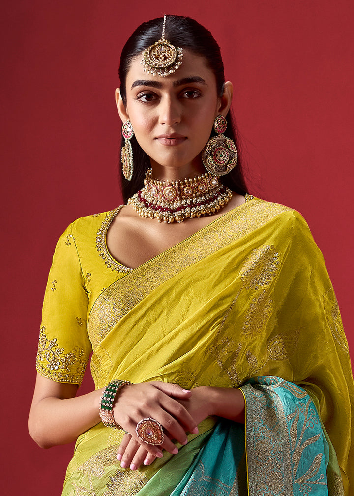 Lime Yellow & Aqua Blue Ombre Dola Crepe Silk Saree with Intricate Zari Weaving & Designer Embroidered Blouse
