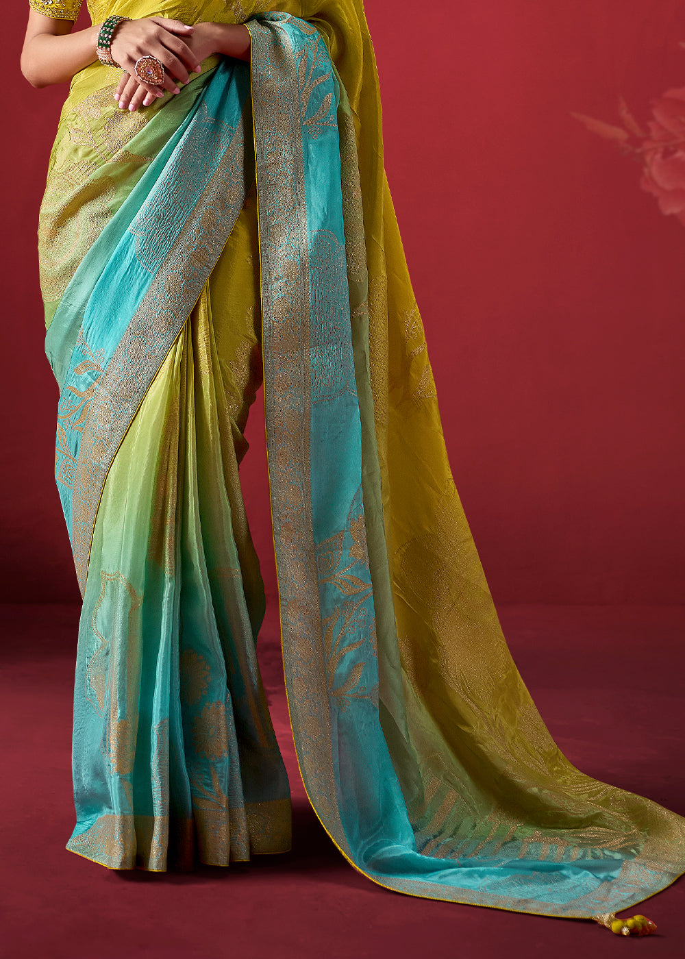 Lime Yellow & Aqua Blue Ombre Dola Crepe Silk Saree with Intricate Zari Weaving & Designer Embroidered Blouse