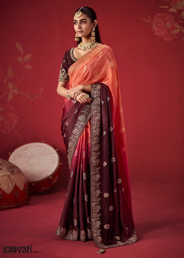 Peach Orange & Wine Red Ombre Dola Crepe Silk Saree with Zari Embroidery and Paisley Handwork Blouse
