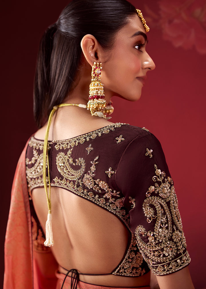 Peach Orange & Wine Red Ombre Dola Crepe Silk Saree with Zari Embroidery and Paisley Handwork Blouse