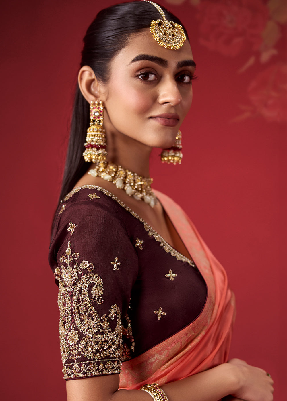 Peach Orange & Wine Red Ombre Dola Crepe Silk Saree with Zari Embroidery and Paisley Handwork Blouse