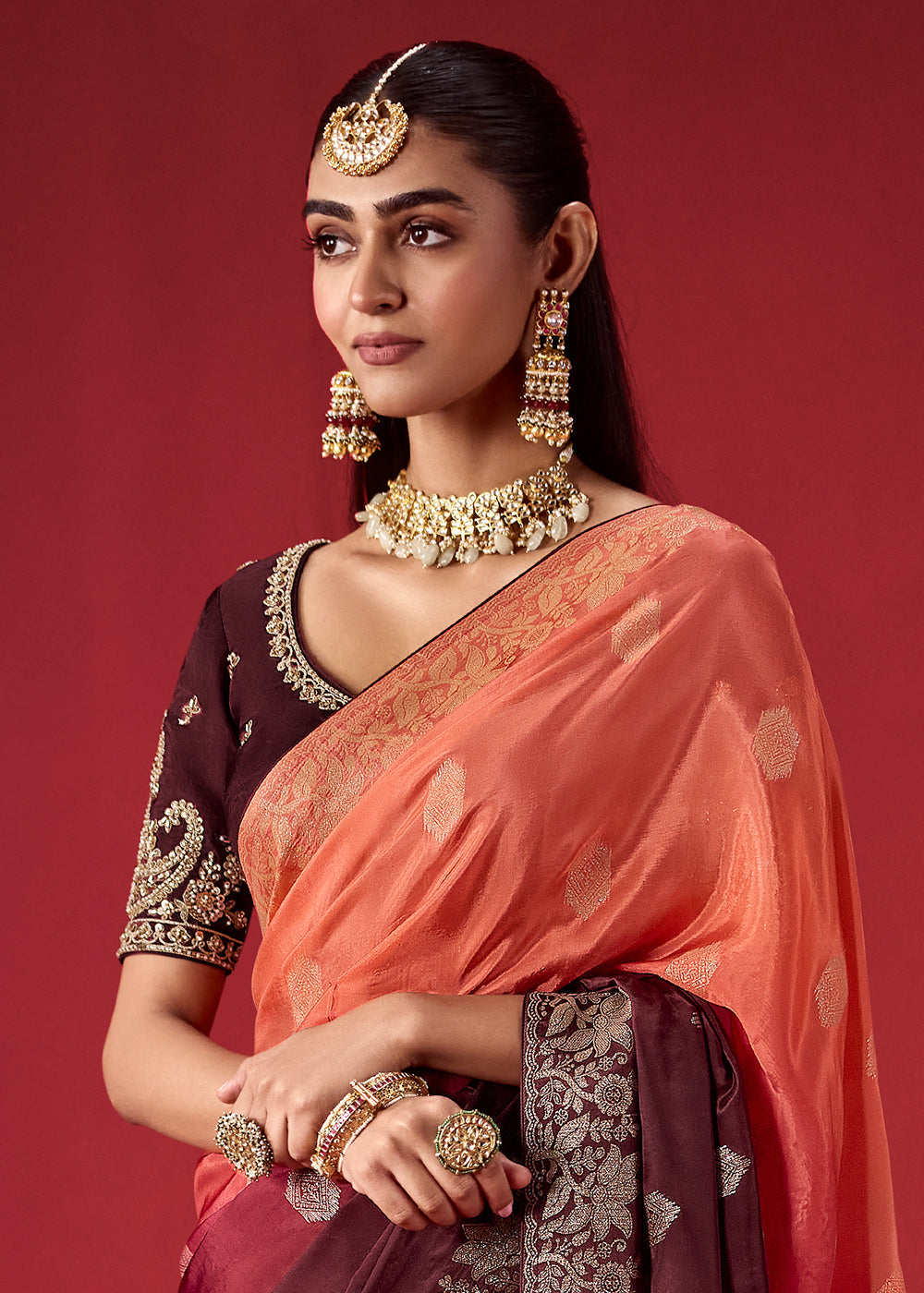 Peach Orange & Wine Red Ombre Dola Crepe Silk Saree with Zari Embroidery and Paisley Handwork Blouse