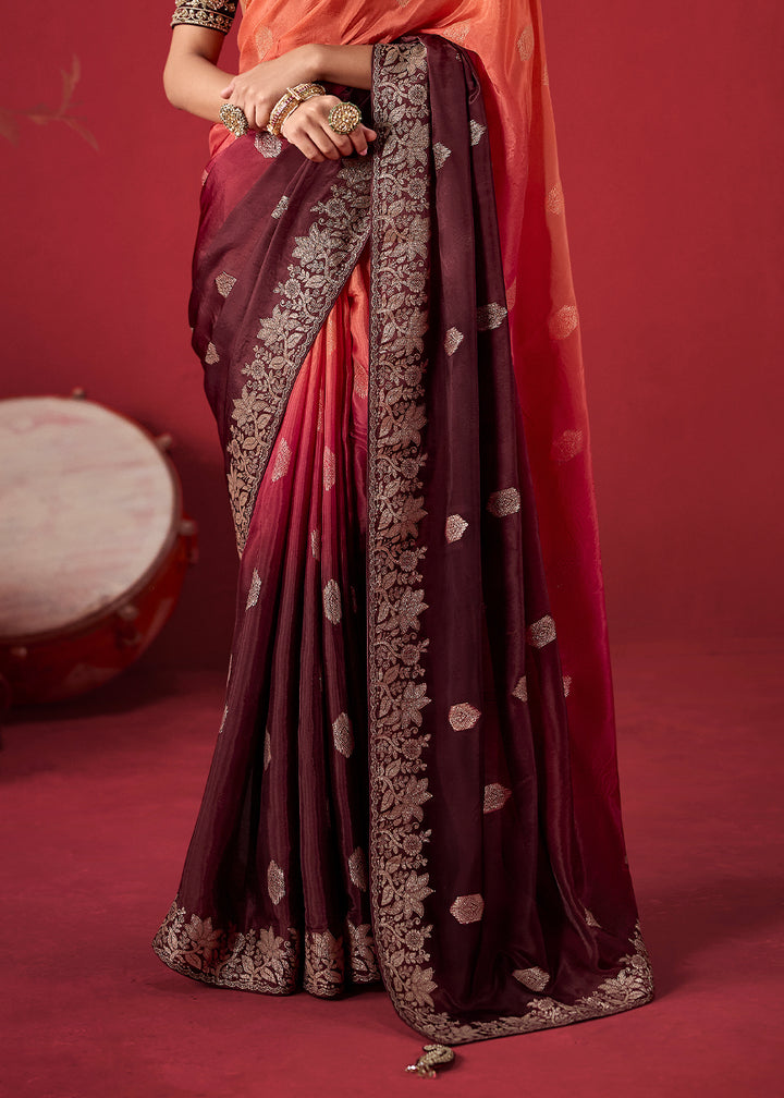 Peach Orange & Wine Red Ombre Dola Crepe Silk Saree with Zari Embroidery and Paisley Handwork Blouse