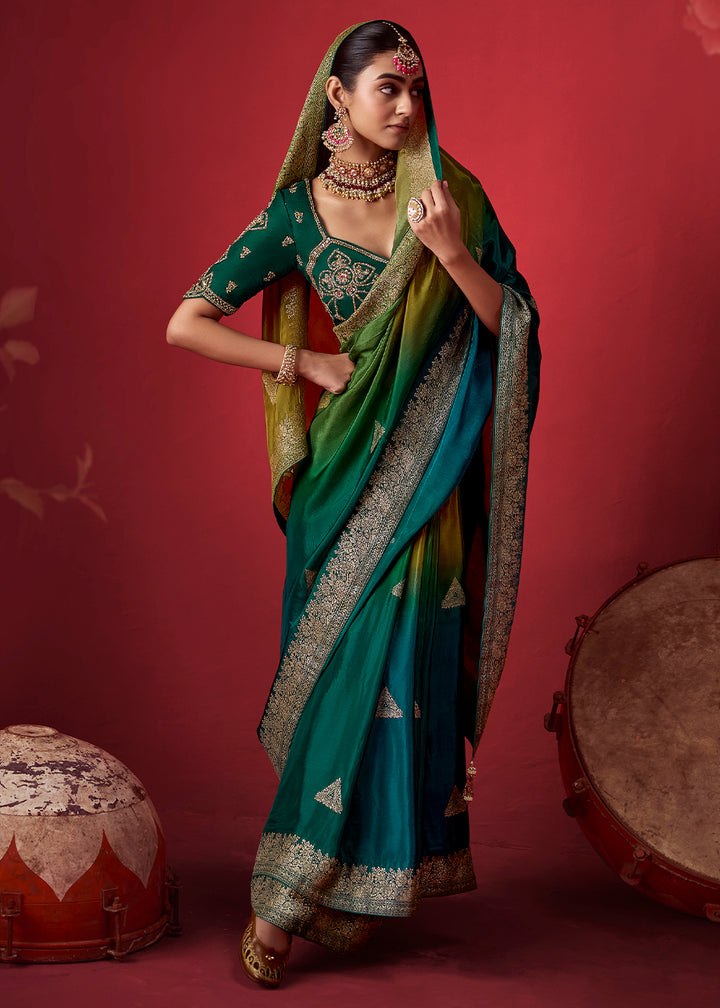 Olive Green & Peacock Blue Ombre Dola Crepe Silk Saree with Intricate Zari Border