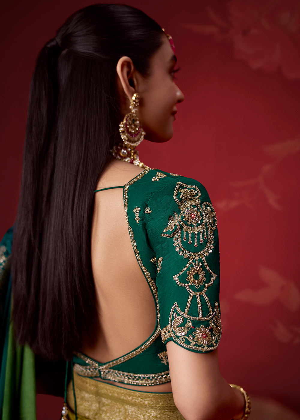 Olive Green & Peacock Blue Ombre Dola Crepe Silk Saree with Intricate Zari Border