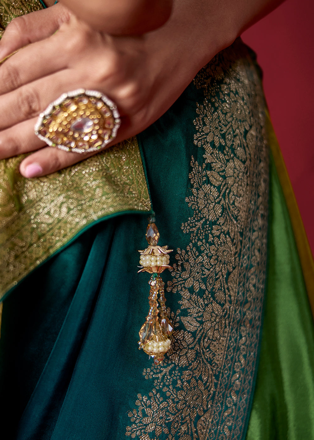 Olive Green & Peacock Blue Ombre Dola Crepe Silk Saree with Intricate Zari Border