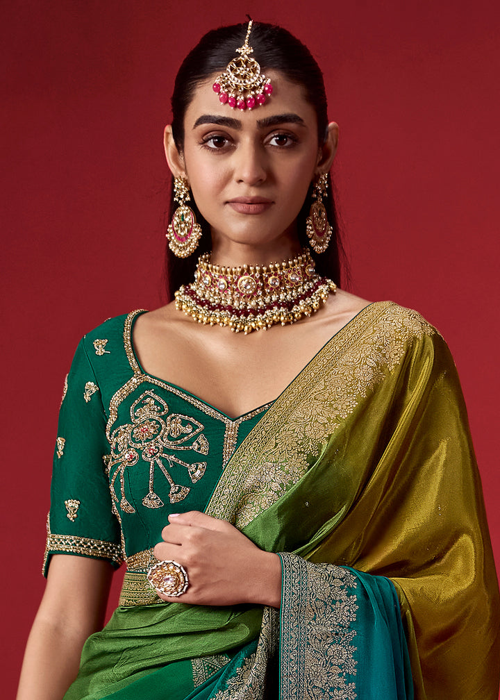 Olive Green & Peacock Blue Ombre Dola Crepe Silk Saree with Intricate Zari Border