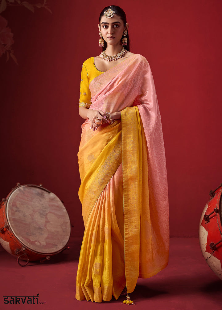 Flamingo Pink and Turmeric Yellow Ombre Dola Crepe Silk Saree with Intricate Zari Border