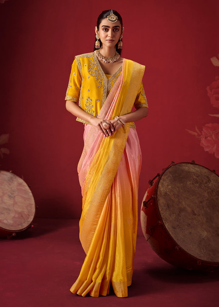 Flamingo Pink and Turmeric Yellow Ombre Dola Crepe Silk Saree with Intricate Zari Border