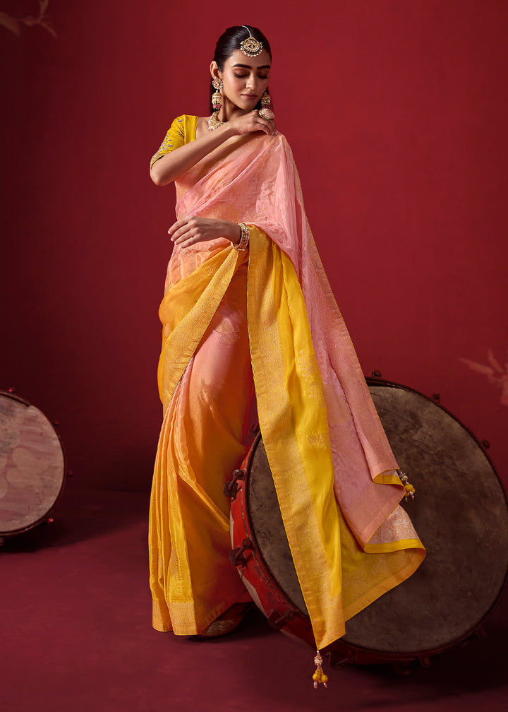 Flamingo Pink and Turmeric Yellow Ombre Dola Crepe Silk Saree with Intricate Zari Border