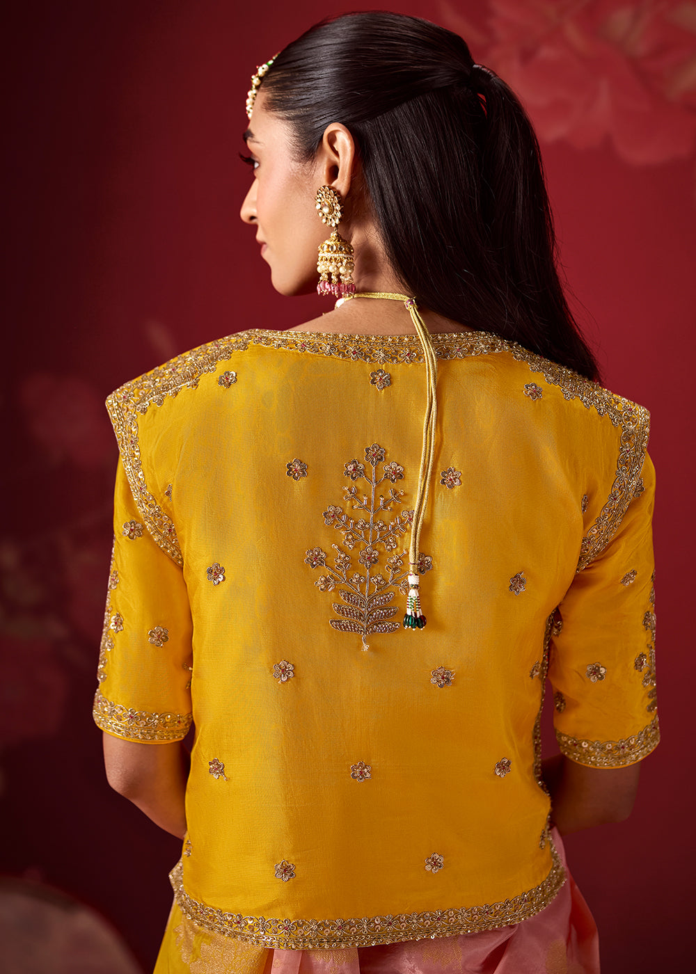 Flamingo Pink and Turmeric Yellow Ombre Dola Crepe Silk Saree with Intricate Zari Border