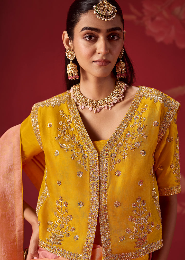 Flamingo Pink and Turmeric Yellow Ombre Dola Crepe Silk Saree with Intricate Zari Border
