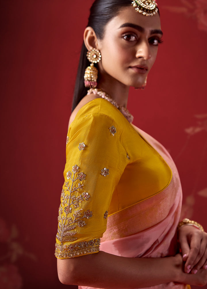 Flamingo Pink and Turmeric Yellow Ombre Dola Crepe Silk Saree with Intricate Zari Border