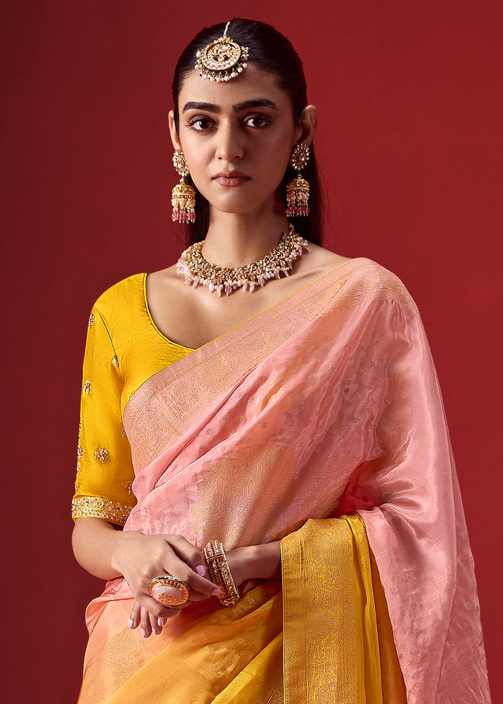 Flamingo Pink and Turmeric Yellow Ombre Dola Crepe Silk Saree with Intricate Zari Border